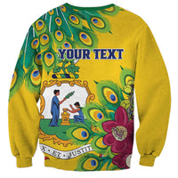 Yellow crewneck sweatshirt back with green peacock border and framed YOUR TEXT design.