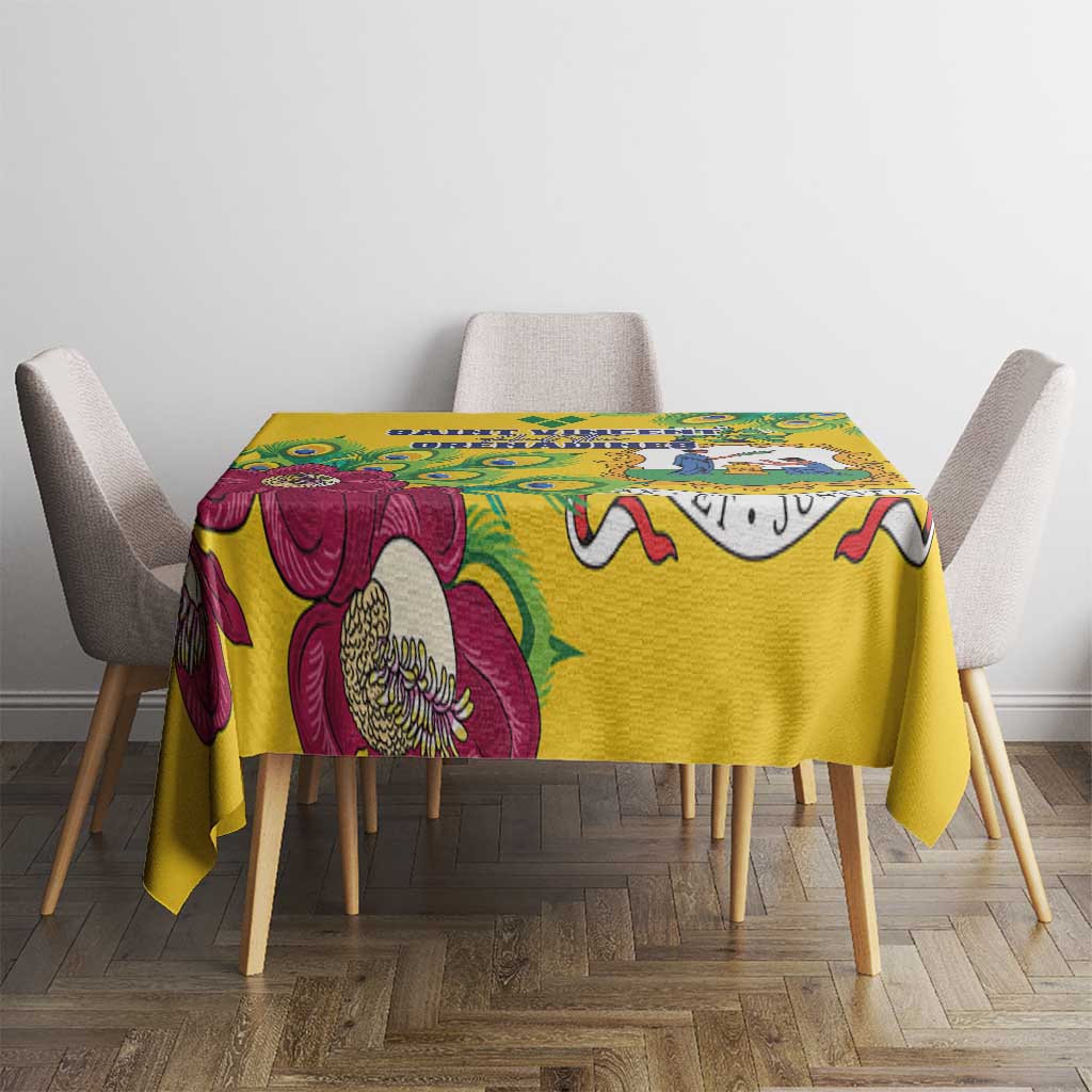Yellow tablecloth on dining table with peacock feather and magenta flower design