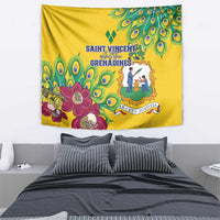 Yellow wall tapestry with peacock-eye feathers, pink blossoms, and Saint Vincent crest