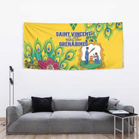 Yellow tapestry with bright peacock feather eyes and colorful floral corner accents