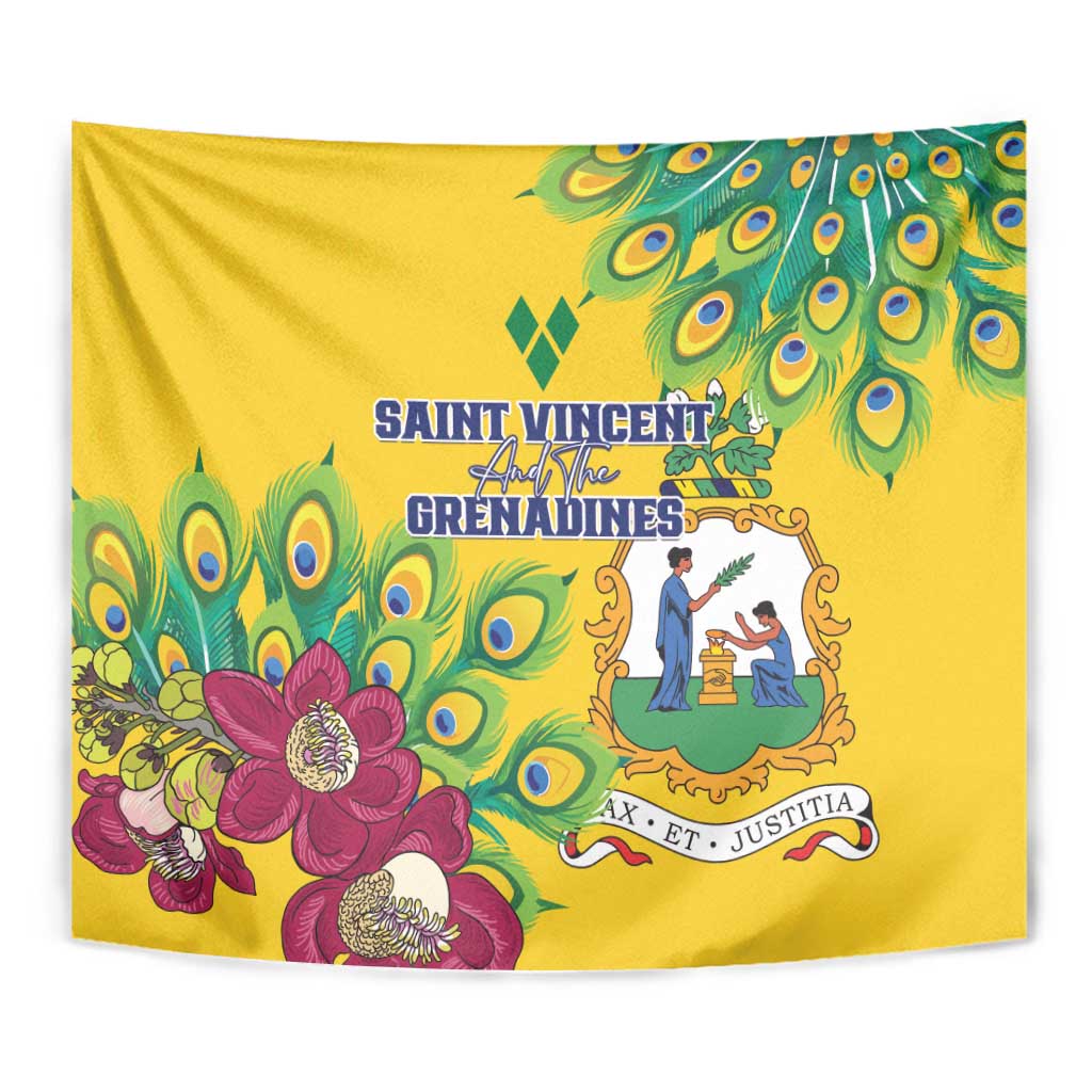 Yellow tapestry close-up with peacock feathers, pink flowers, and Saint Vincent emblem