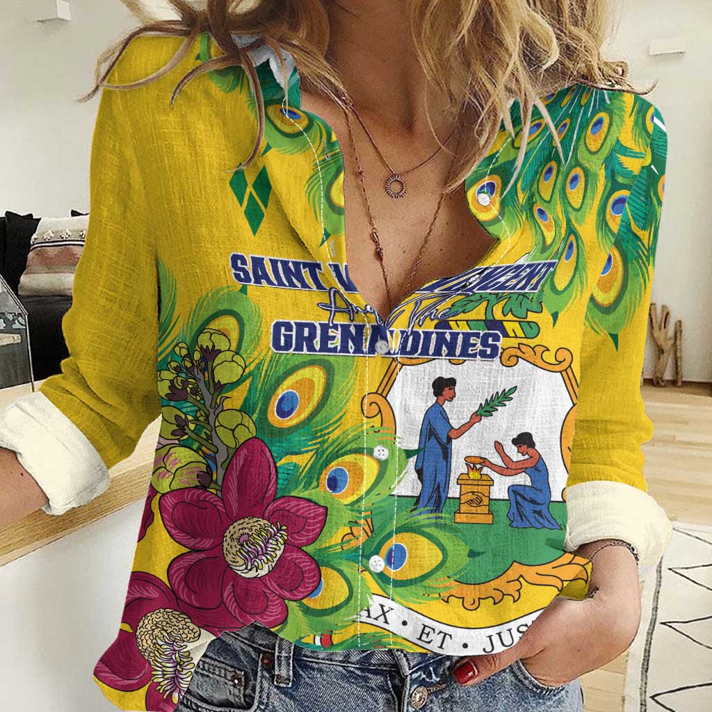 Personalized Saint Vincent and the Grenadines Women Casual Shirt Stylized Peacock Feather Royal - Wonder Print Shop