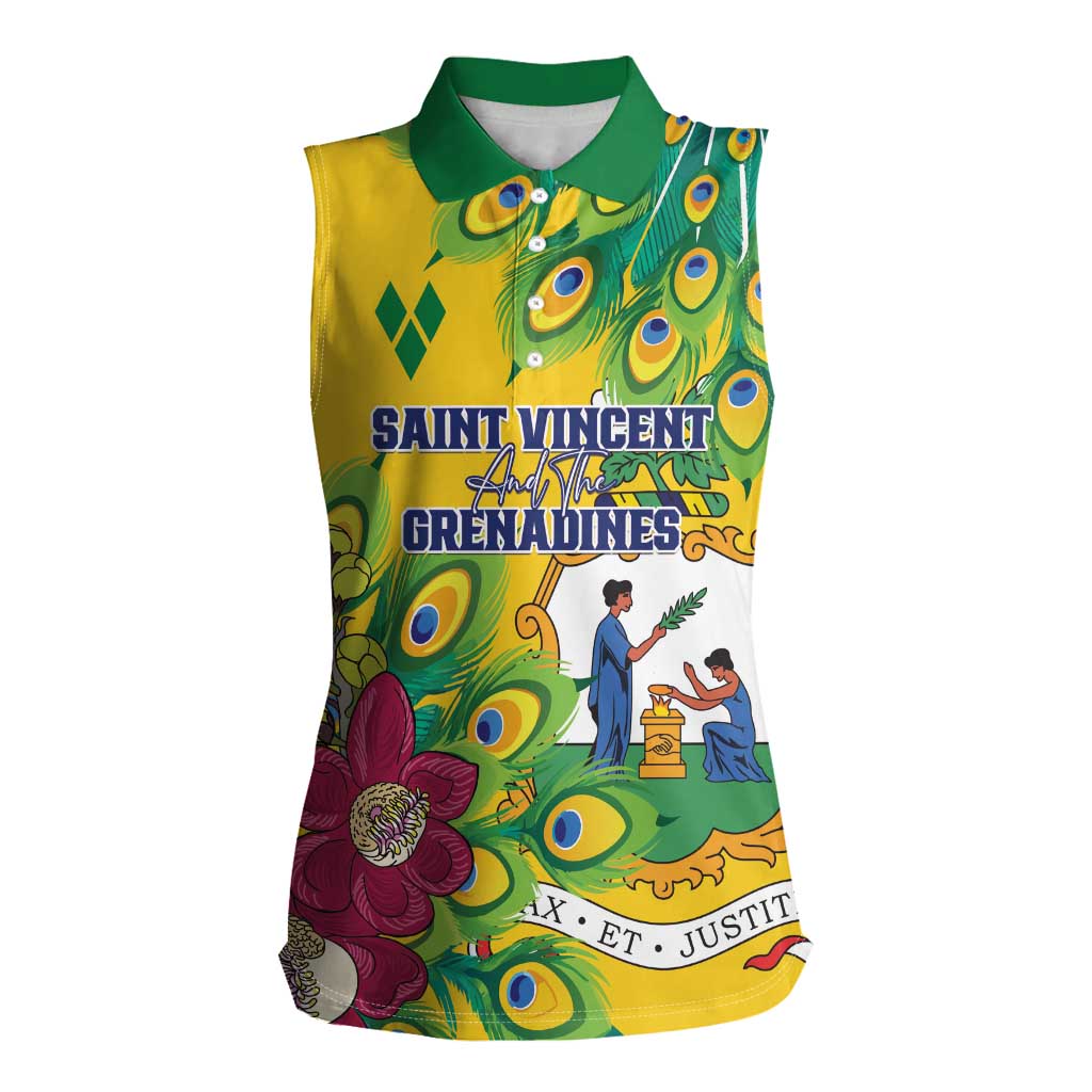 Personalized Saint Vincent and the Grenadines Women Sleeveless Polo Shirt Stylized Peacock Feather Royal - Wonder Print Shop