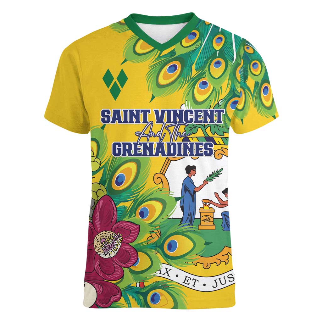 Personalized Saint Vincent and the Grenadines Women V-Neck T-Shirt Stylized Peacock Feather Royal - Wonder Print Shop