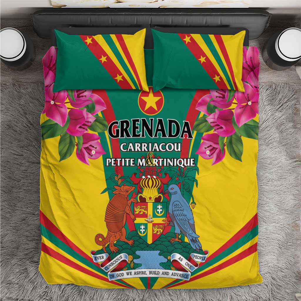 Bedding set with green and yellow flag-style print, pink flowers, and Grenada crest