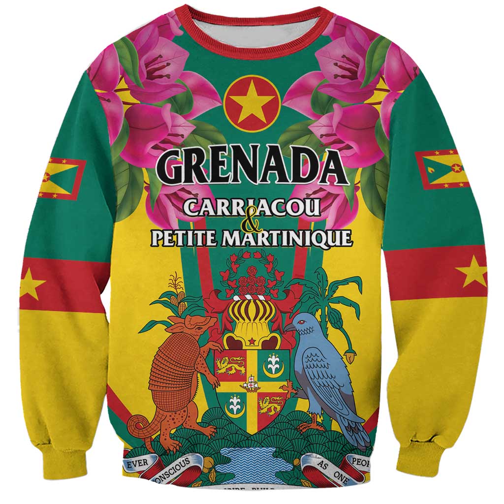 Unisex colorful sweatshirt with floral Grenada graphic, crest, birds, and flags