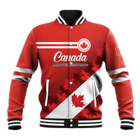 Red unisex baseball jacket with Canada logo and maple leaf graphics, snap-button front