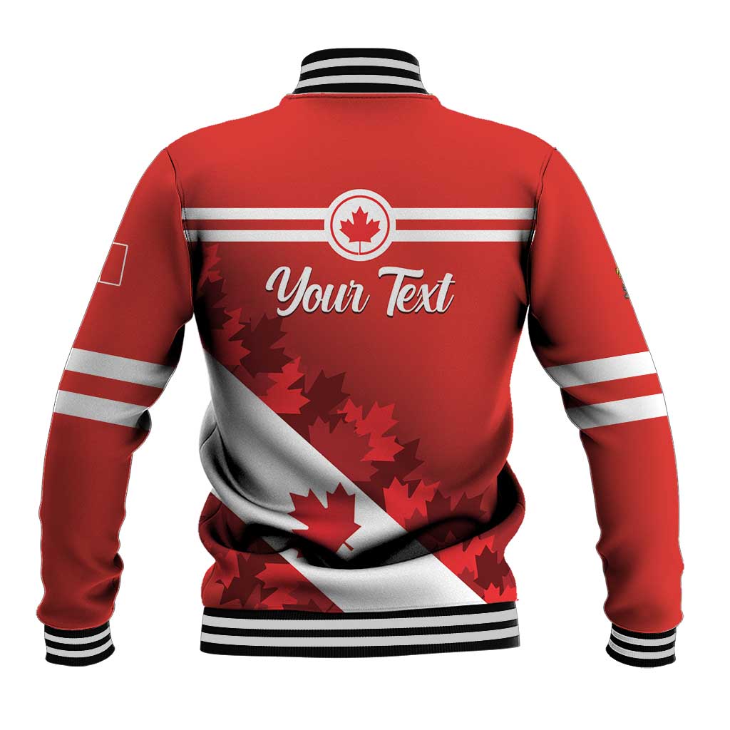 Red unisex baseball jacket back with “Your Text” print and maple leaf flag design, snap front