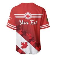 Red baseball jersey back with 'Your Text', Canada emblem, maple leaf graphics, stripes.