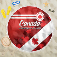 Round Canada-themed beach blanket with red and white flag print and fringe edge