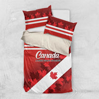Red and white Canada bedding set with white diagonal stripe and two pillow shams