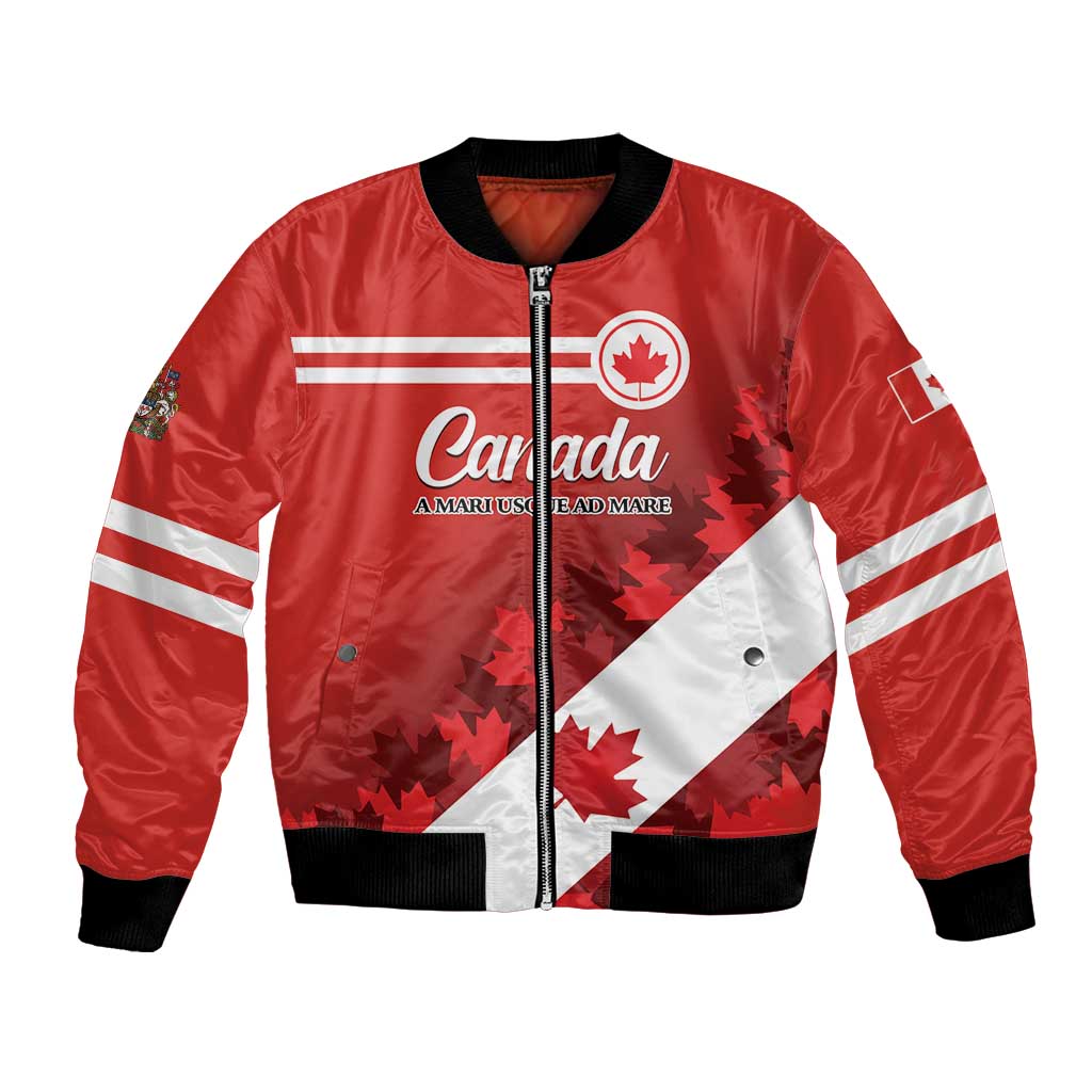 Red satin bomber jacket with front zipper, Canada flag maple leaf graphic, black ribbed hem