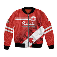 Red satin bomber jacket with front zipper, Canada flag maple leaf graphic, black ribbed hem