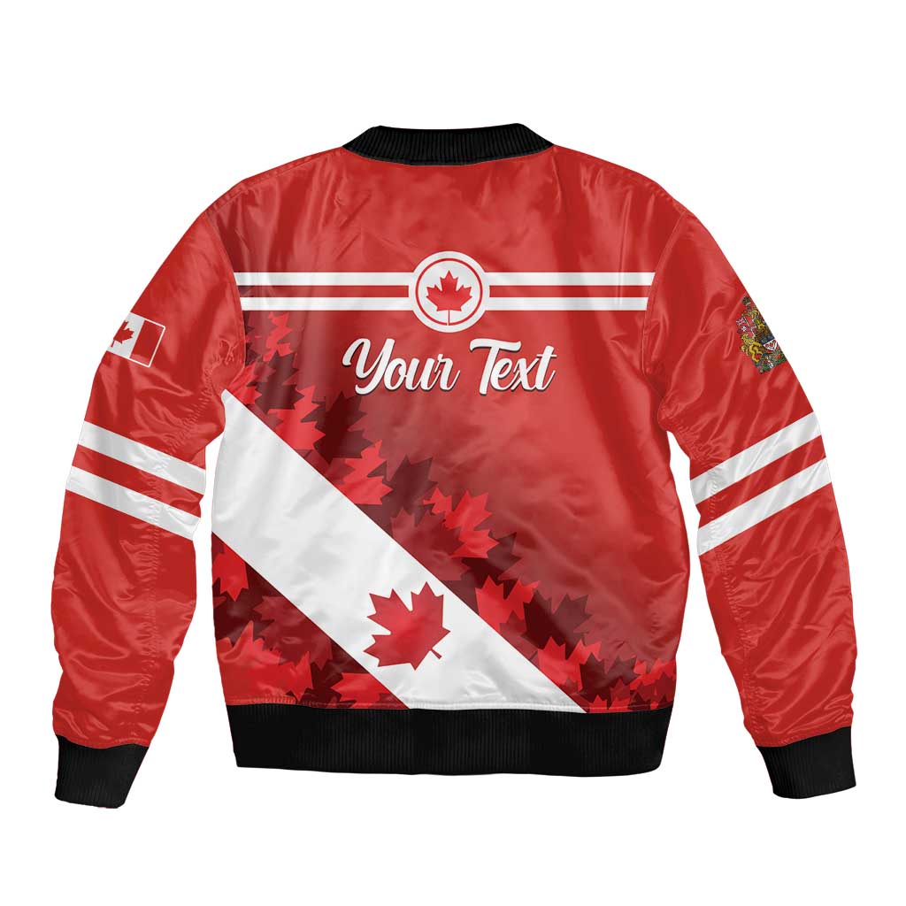 Red satin bomber jacket, back view with Canada flag stripes, maple leaf and custom text