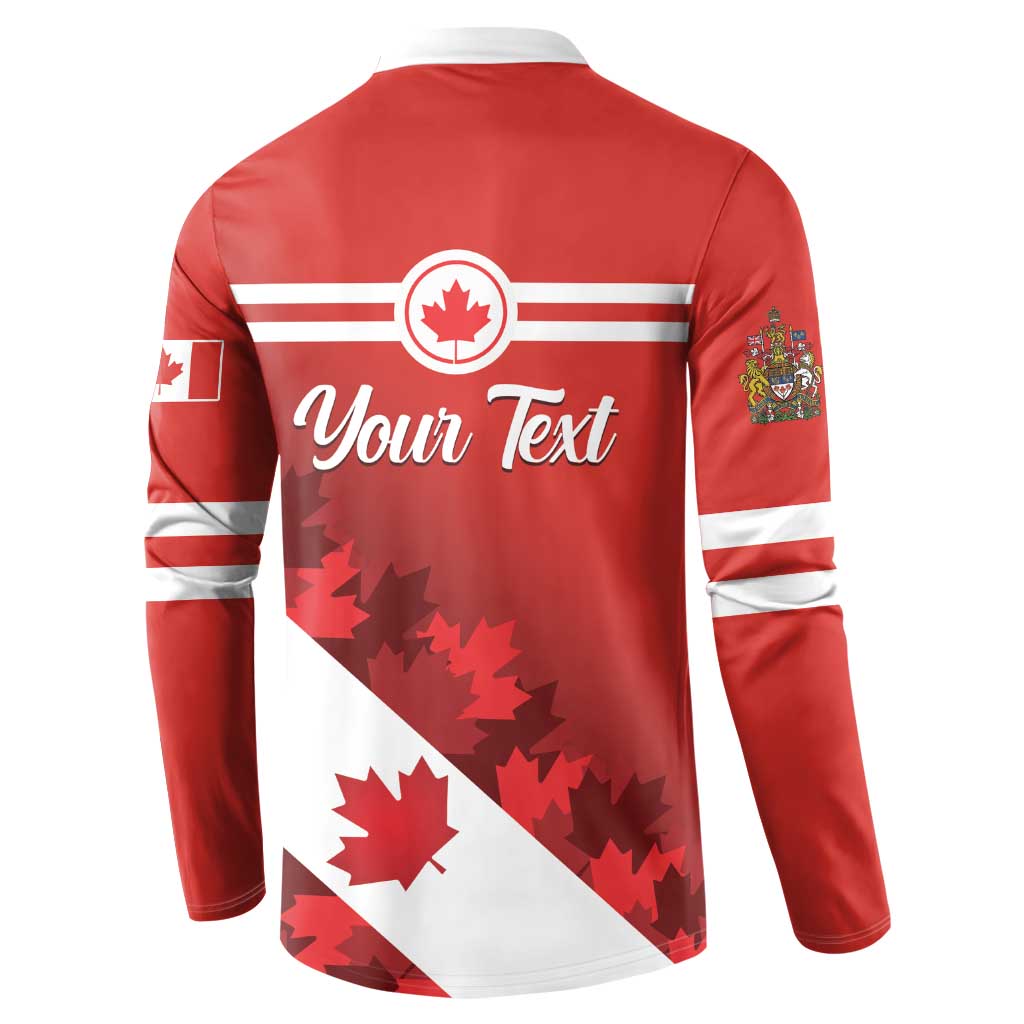 Red sweatshirt back with 'Your Text' print, maple leaf accents, white striped bands