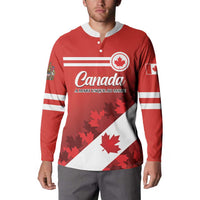 Red long-sleeve button sweatshirt with Canada logo, maple leaf emblem and white diagonal panel
