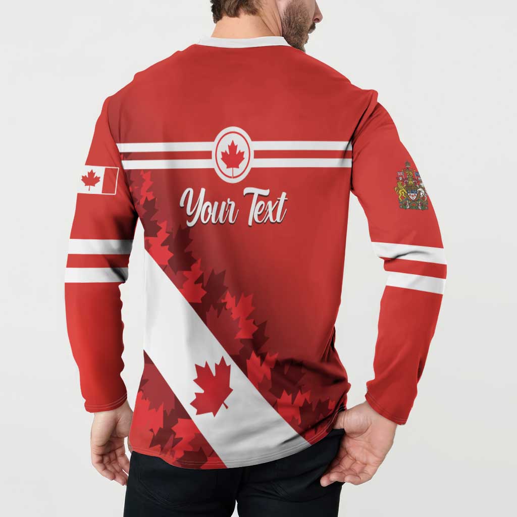 Red sweatshirt back with 'Your Text' print, maple leaf and white diagonal graphic