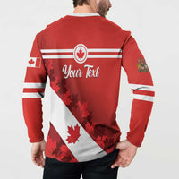 Red sweatshirt back with 'Your Text' print, maple leaf and white diagonal graphic