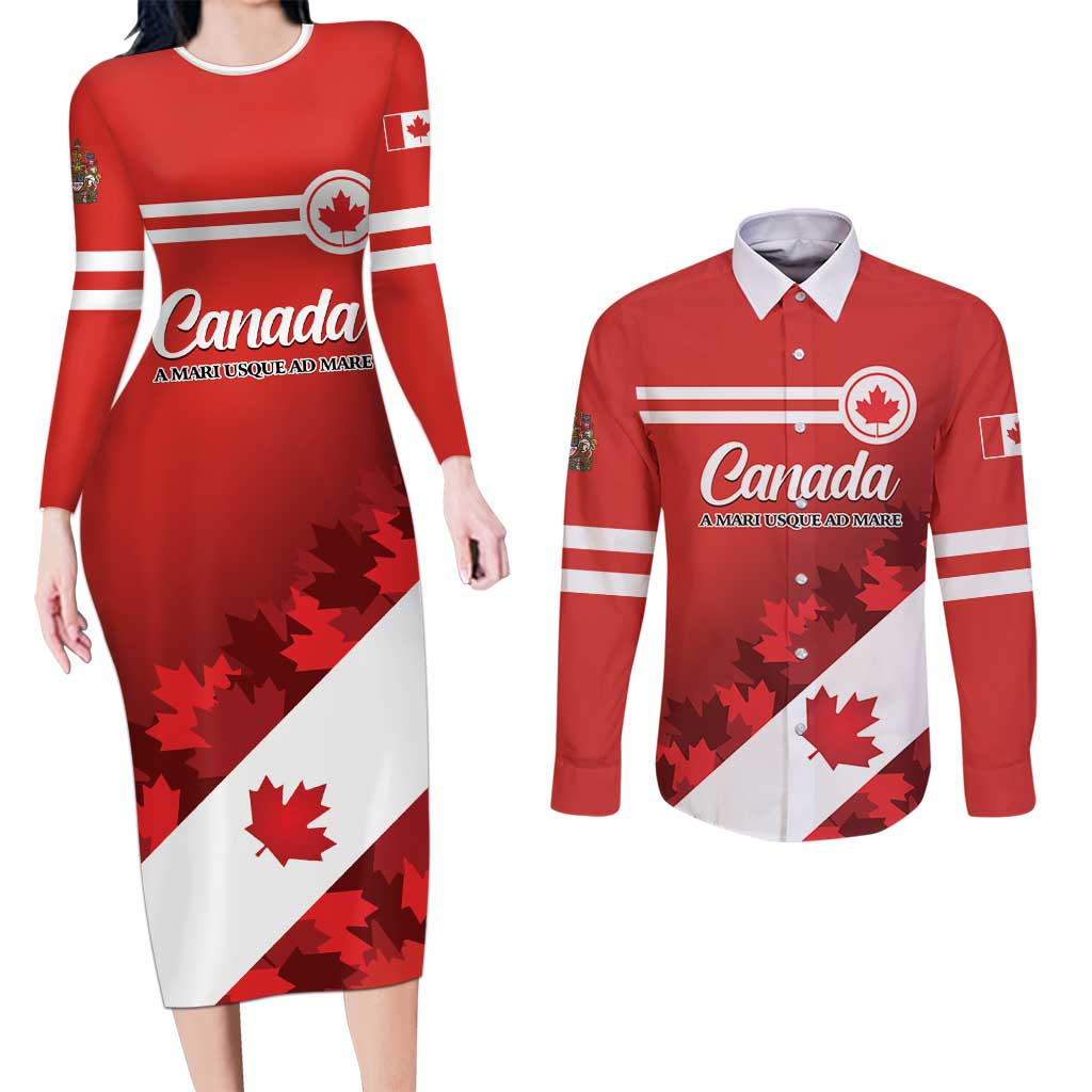 Personalised Canada Maple Leaf Couples Matching Long Sleeve Bodycon Dress and Long Sleeve Button Shirt A mari usque ad mare