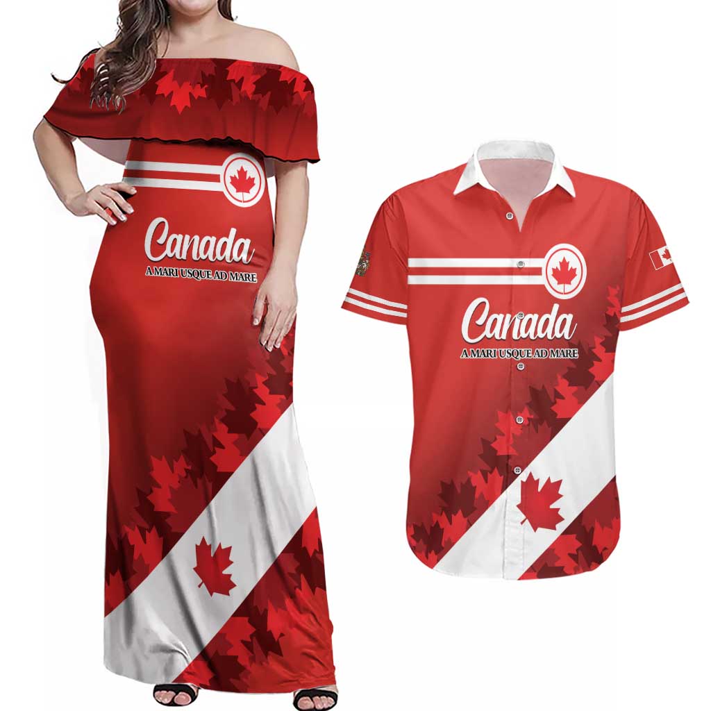 Personalised Canada Maple Leaf Couples Matching Off Shoulder Maxi Dress and Hawaiian Shirt A mari usque ad mare