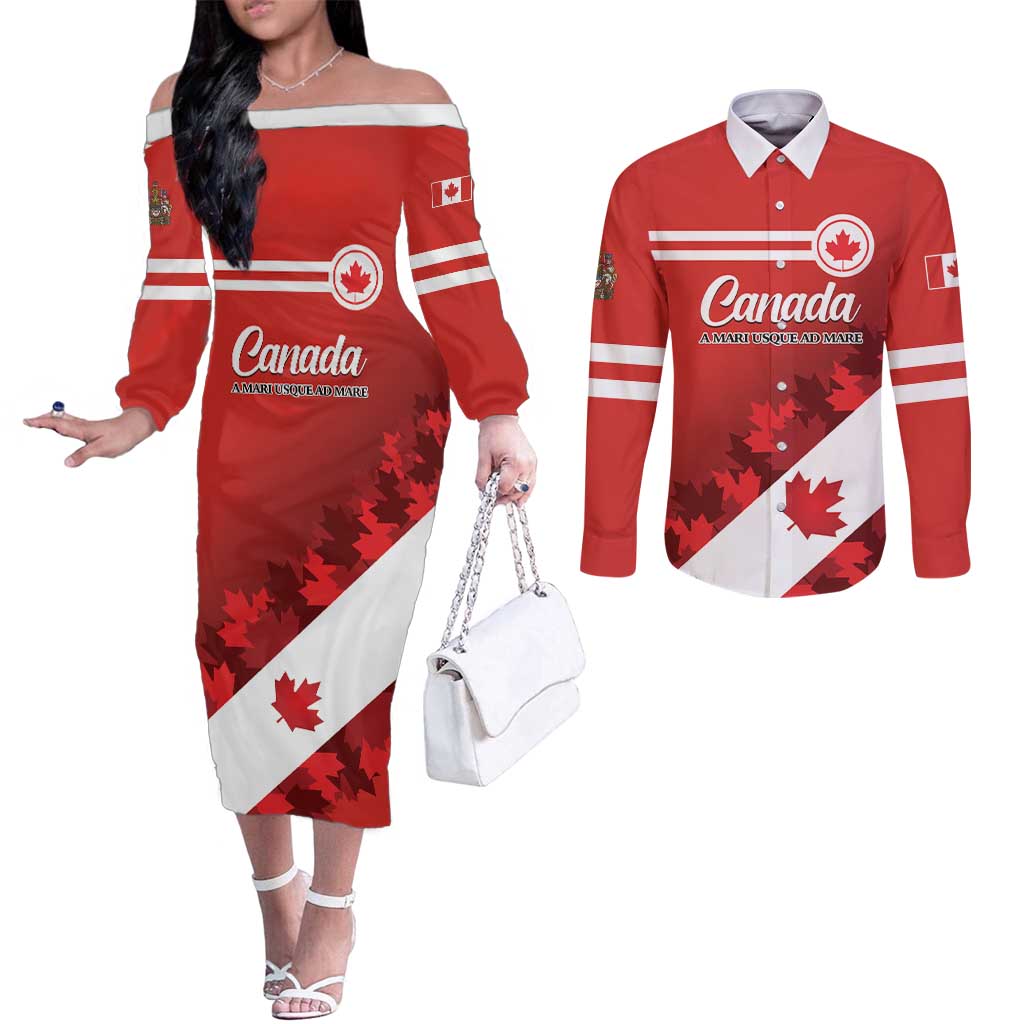 Personalised Canada Maple Leaf Couples Matching Off The Shoulder Long Sleeve Dress and Long Sleeve Button Shirt A mari usque ad mare