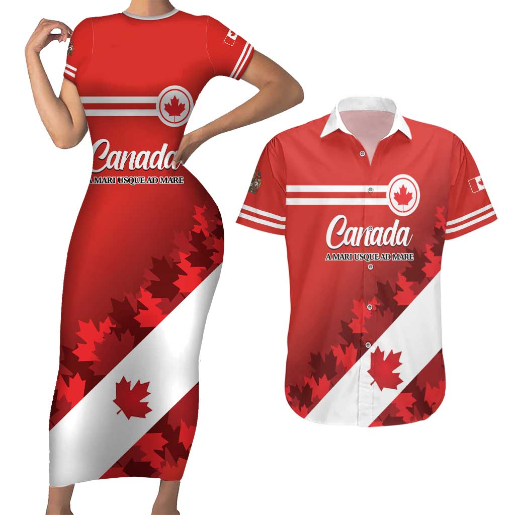 Personalised Canada Maple Leaf Couples Matching Short Sleeve Bodycon Dress and Hawaiian Shirt A mari usque ad mare