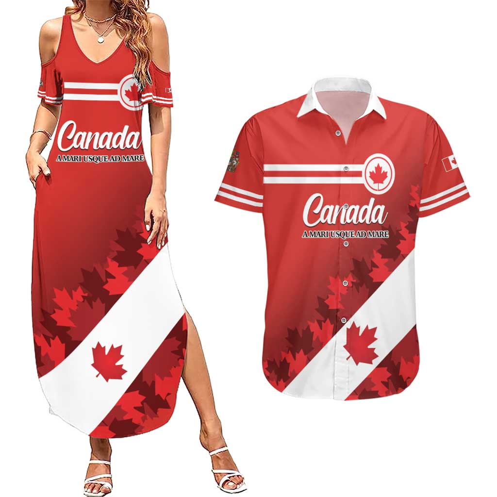 Personalised Canada Maple Leaf Couples Matching Summer Maxi Dress and Hawaiian Shirt A mari usque ad mare