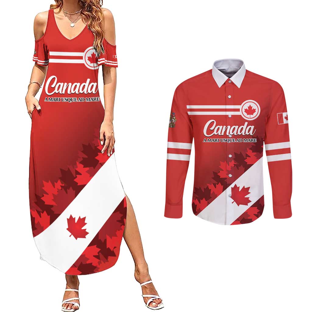 Personalised Canada Maple Leaf Couples Matching Summer Maxi Dress and Long Sleeve Button Shirt A mari usque ad mare