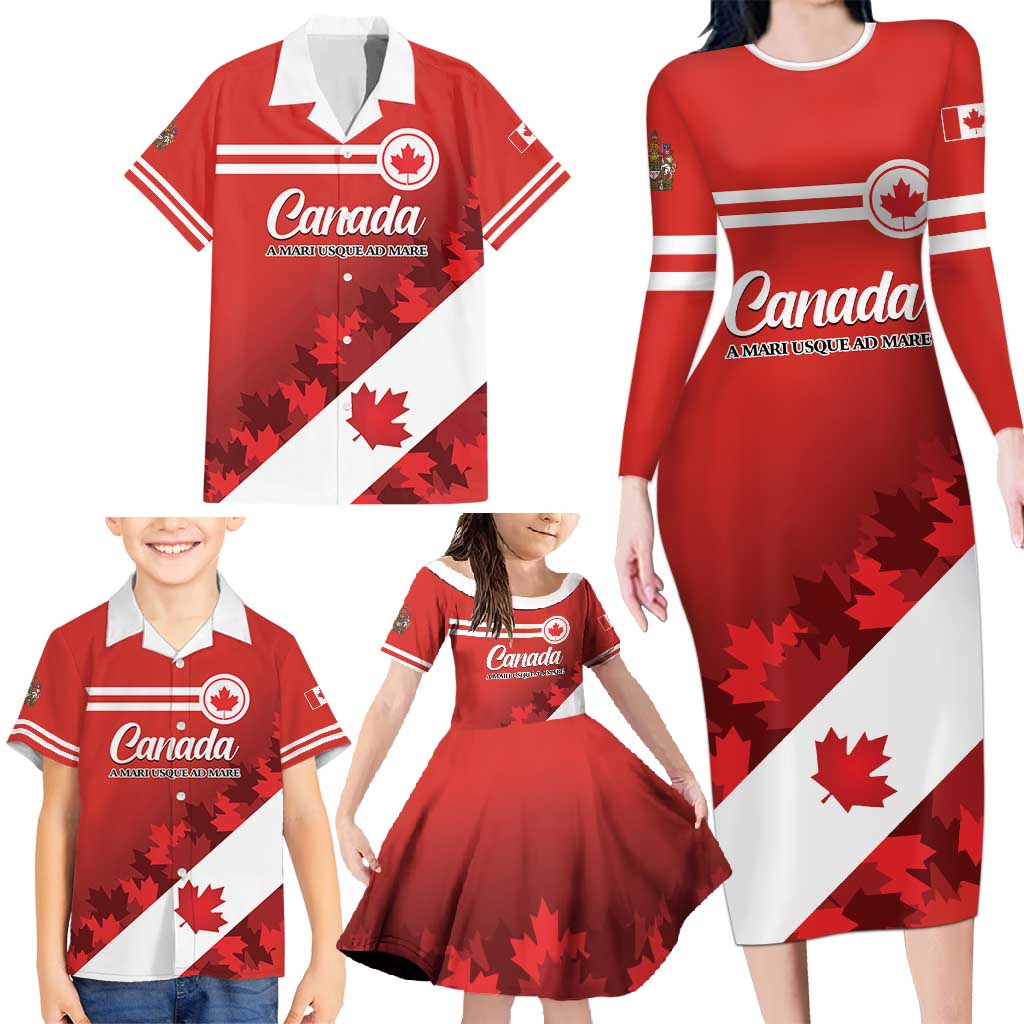 Personalised Canada Maple Leaf Family Matching Long Sleeve Bodycon Dress and Hawaiian Shirt A mari usque ad mare