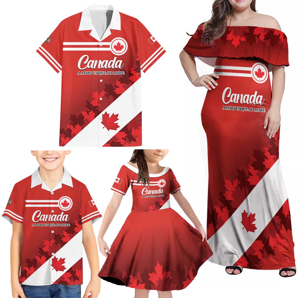 Personalised Canada Maple Leaf Family Matching Off Shoulder Maxi Dress and Hawaiian Shirt A mari usque ad mare