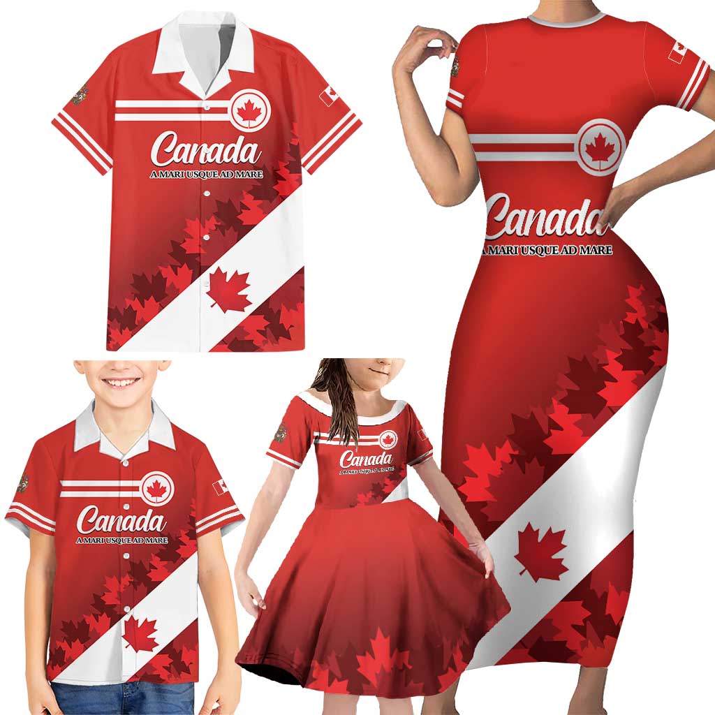 Personalised Canada Maple Leaf Family Matching Short Sleeve Bodycon Dress and Hawaiian Shirt A mari usque ad mare