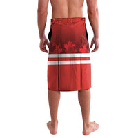 Red Canada maple leaf board shorts with striped hem and elastic waistband