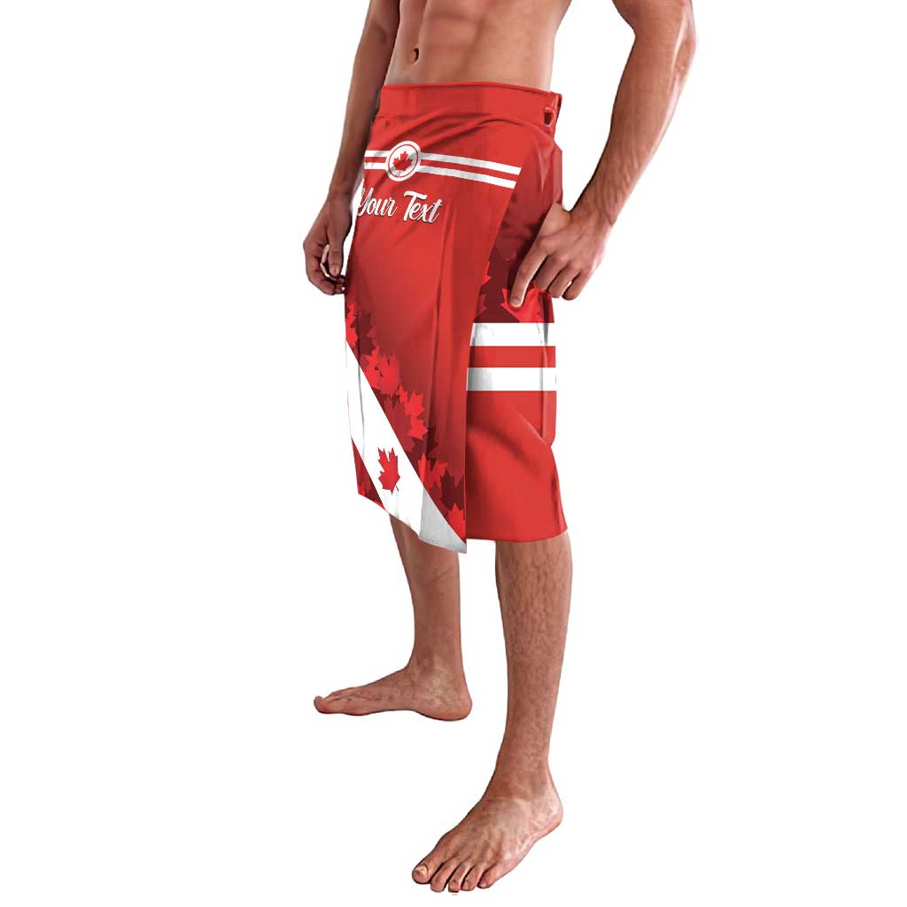 Red Canada maple leaf board shorts with 'Your Text' logo and flag stripes