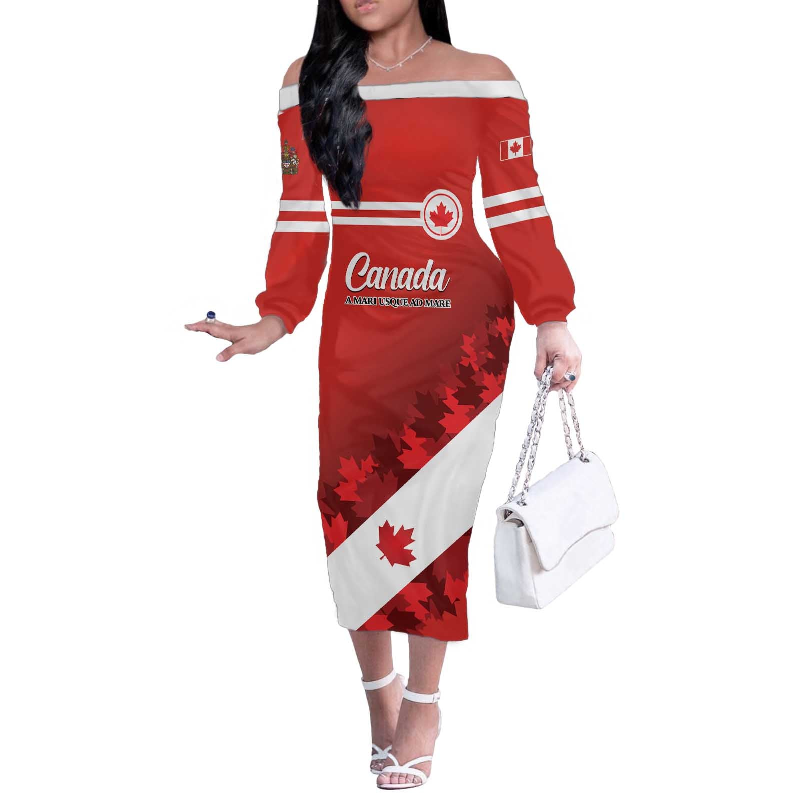 Personalised Canada Maple Leaf Off The Shoulder Long Sleeve Dress A mari usque ad mare