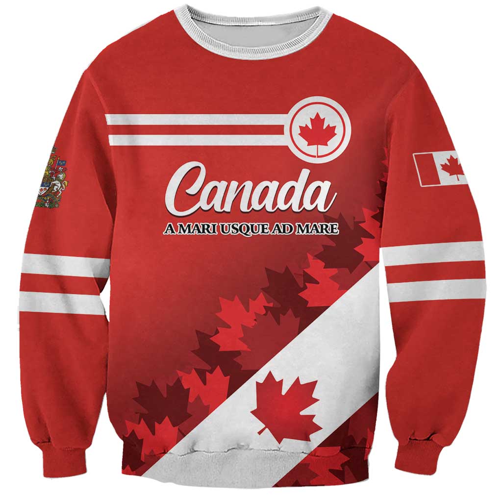 Red crewneck sweatshirt with Canada graphic, maple leaf, and slogan text