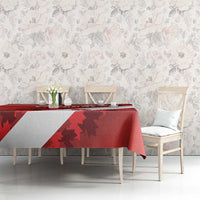 Red maple leaf tablecloth with white diagonal stripe on dining table