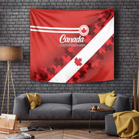 Red Canada flag tapestry with white diagonal stripe, maple leaf emblem and leaf pattern