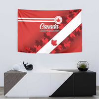 Red Canada flag tapestry with white diagonal stripe, maple leaf symbol and red leaf silhouettes