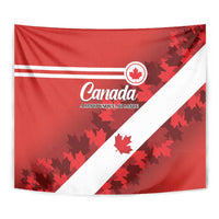 Red Canada flag tapestry with white diagonal stripe, maple leaf emblem and red leaf pattern