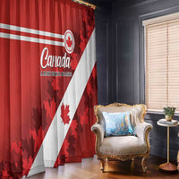 Red Canada leaf window curtain panel with white diagonal stripe, maple leaf emblem and text