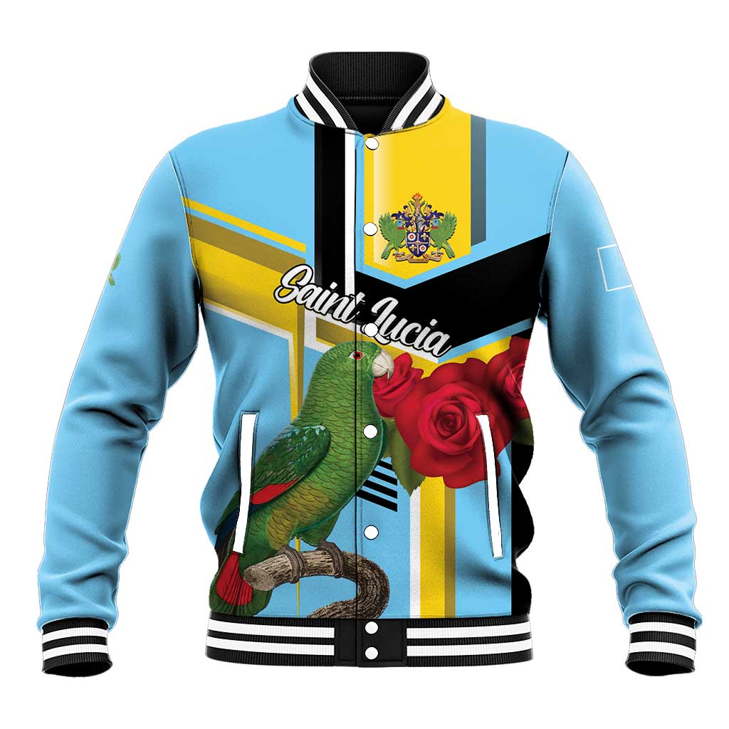 Sky blue baseball jacket with black and yellow panels, parrot and rose graphics, ribbed collar