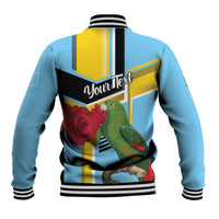 Sky blue baseball jacket back with parrot and rose graphic, striped collar, ribbed hem