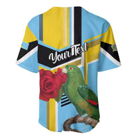 Sky blue baseball jersey back with striped panels, parrot, roses, 'YourText'.