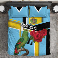 Sky blue bedding set with parrot and red roses, featuring crest and black side accents