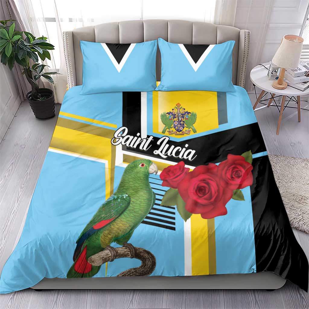 Sky blue duvet cover with parrot and red rose print, black-and-yellow flag-style blocks