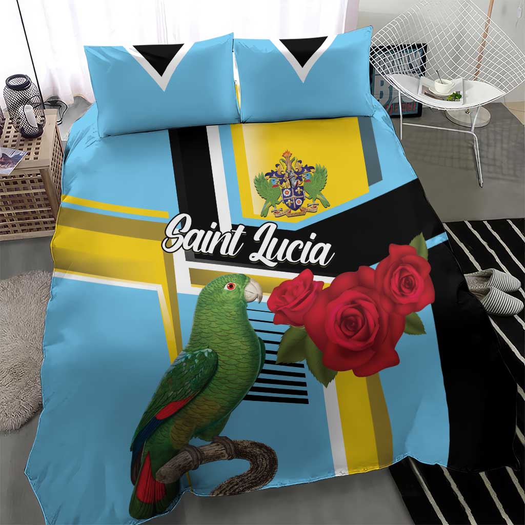 Blue and black bedding duvet with green parrot, red roses, and yellow crest artwork