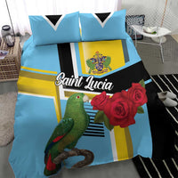 Blue and black bedding duvet with green parrot, red roses, and yellow crest artwork