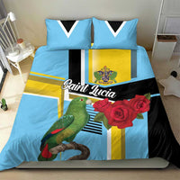 Sky blue bedding set with green parrot, red roses, and yellow crest panel on duvet
