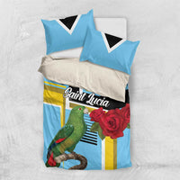 Sky blue bedding set with parrot and red roses, includes two pillowcases and duvet