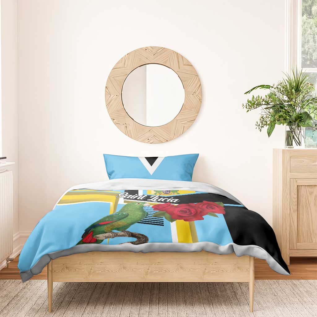 Sky blue bedding set with parrot and red roses, black triangle accent on pillowcases